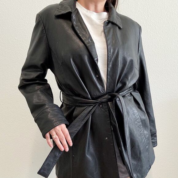 Kathy Ireland Black Leather Belted Jacket Genuine Leather Size XL